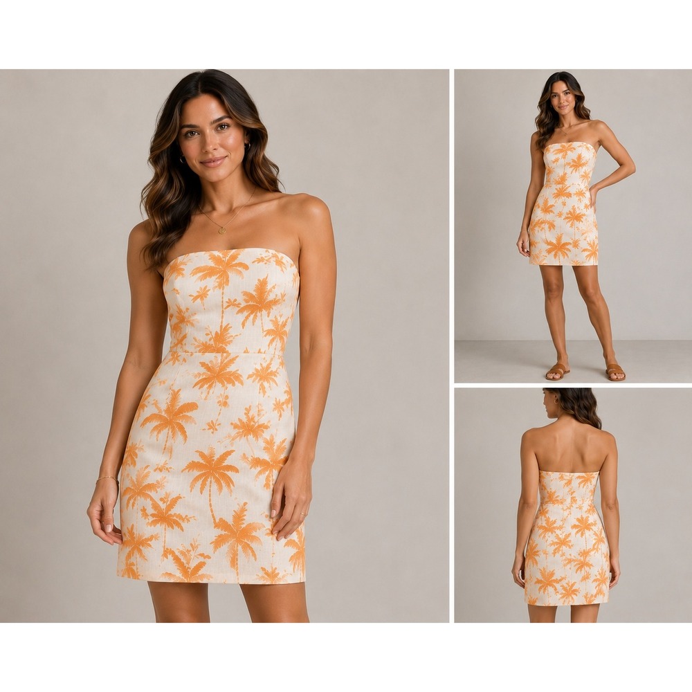 Showpo Palm Print Strapless Mini Dress Size 10 White Orange Tropical